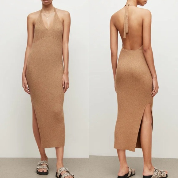 All Saints Dresses & Skirts - All Saints Lexi Ribbed Halter Midi Dress Praline Metallic Gold